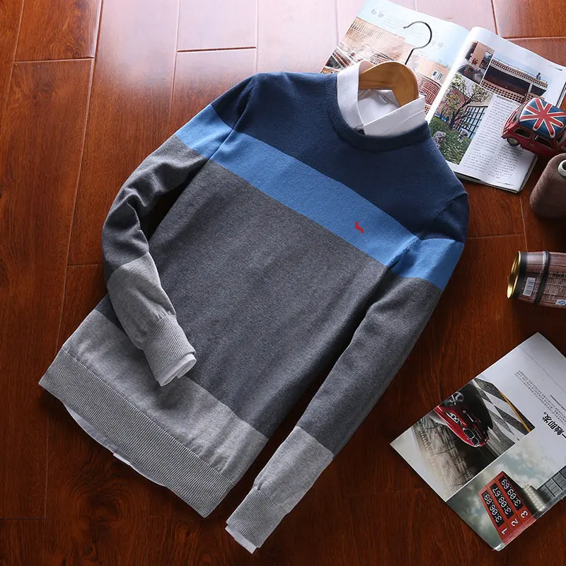 

men spring men casual 100%cotton knitted sweater O-neck harmont patchwork pullovers blaine embroidery striped knitted sweater