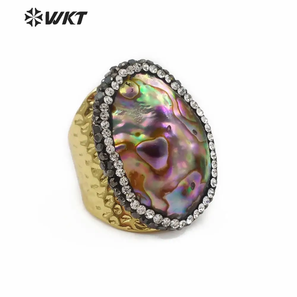 

WT-RR030 Women Abalone Shell Ring Jewelry Colorful Paua Shell With Full Rhinestone Around Oval Shape Adjustable Ring