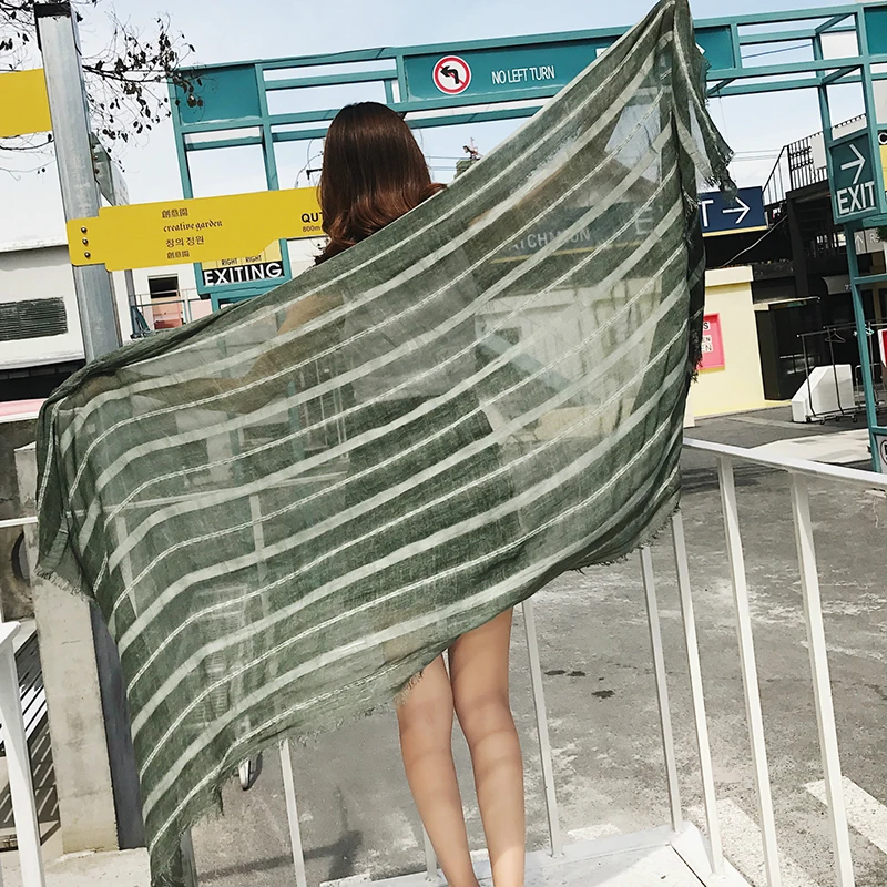 

New Women Cotton Scarfs Female Striped Long Scarves Shawls Lady Art Style Thin Long Section Sunscreen Beach Towel Neckerchief