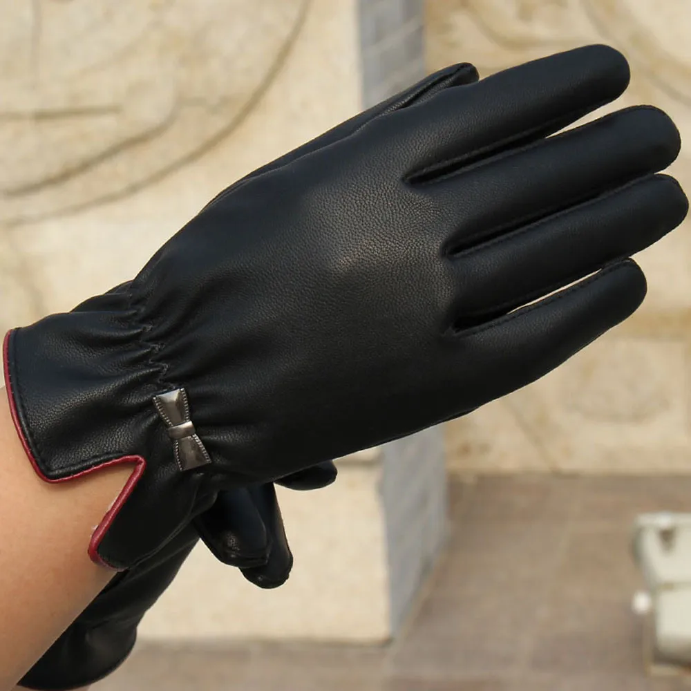 2018 женские перчатки митенки Новый 1 пара s мужские черные из искусственной кожи с бантом Сенсорный экран пальцев зимние теплые PSEPT1