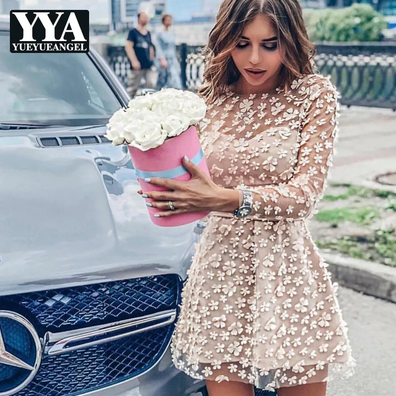 

2019 Banquet Party Jacquard Tuxedo Dress Women Brand Princess Long Sleeve Transparent Flowers Appliques Wedding Party Mini Dress