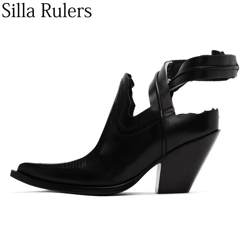 

2019 new summer closed toe ankle strap woman sandals genuine leather chunky heels summer boots women Punk boots gladiator sandal
