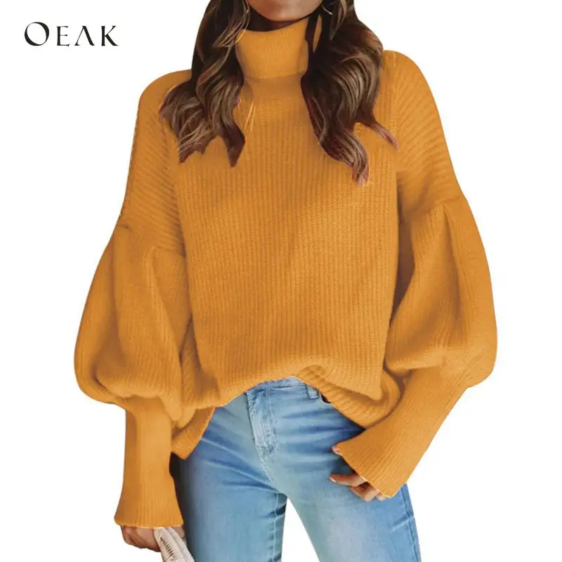 

OEAK Women Turtleneck Knitted Sweater 2018 Autumn Winter Warm Lantern Sleeve Pullover Jumpers Female Oversize Sweater Pull Femme