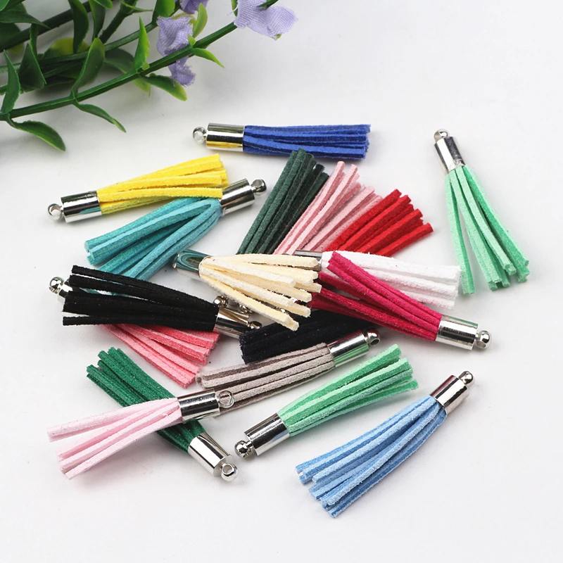 100pcs Mix Color 35mm Suede Tassel For Keychain Cellphone Straps Jewelry Charms Leather Tassels With Copper Caps Diy Accessories