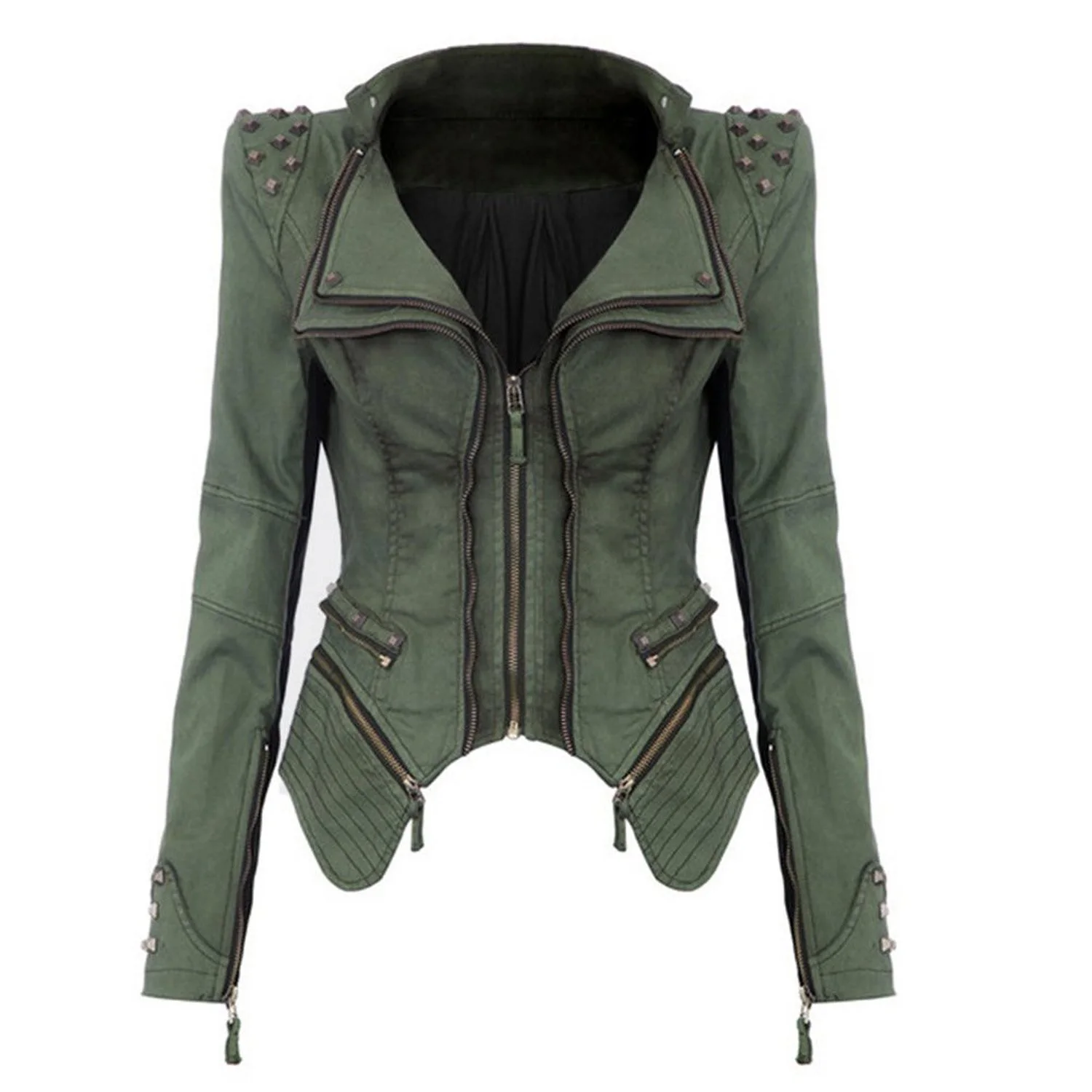 

Women Denim Jacket Punk Style Rivet Studded Lapel Coat