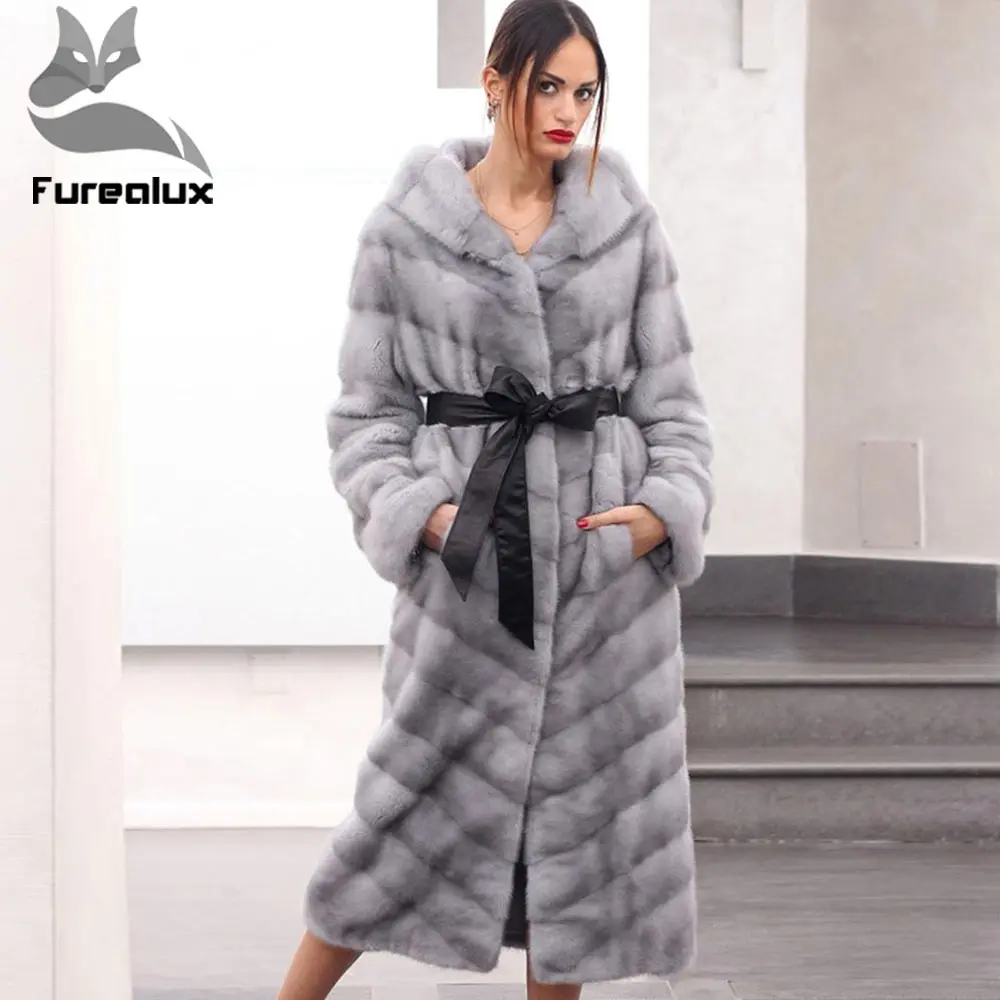 Женское длинное пальто с капюшоном Furealux зимнее тонкое теплое из натурального