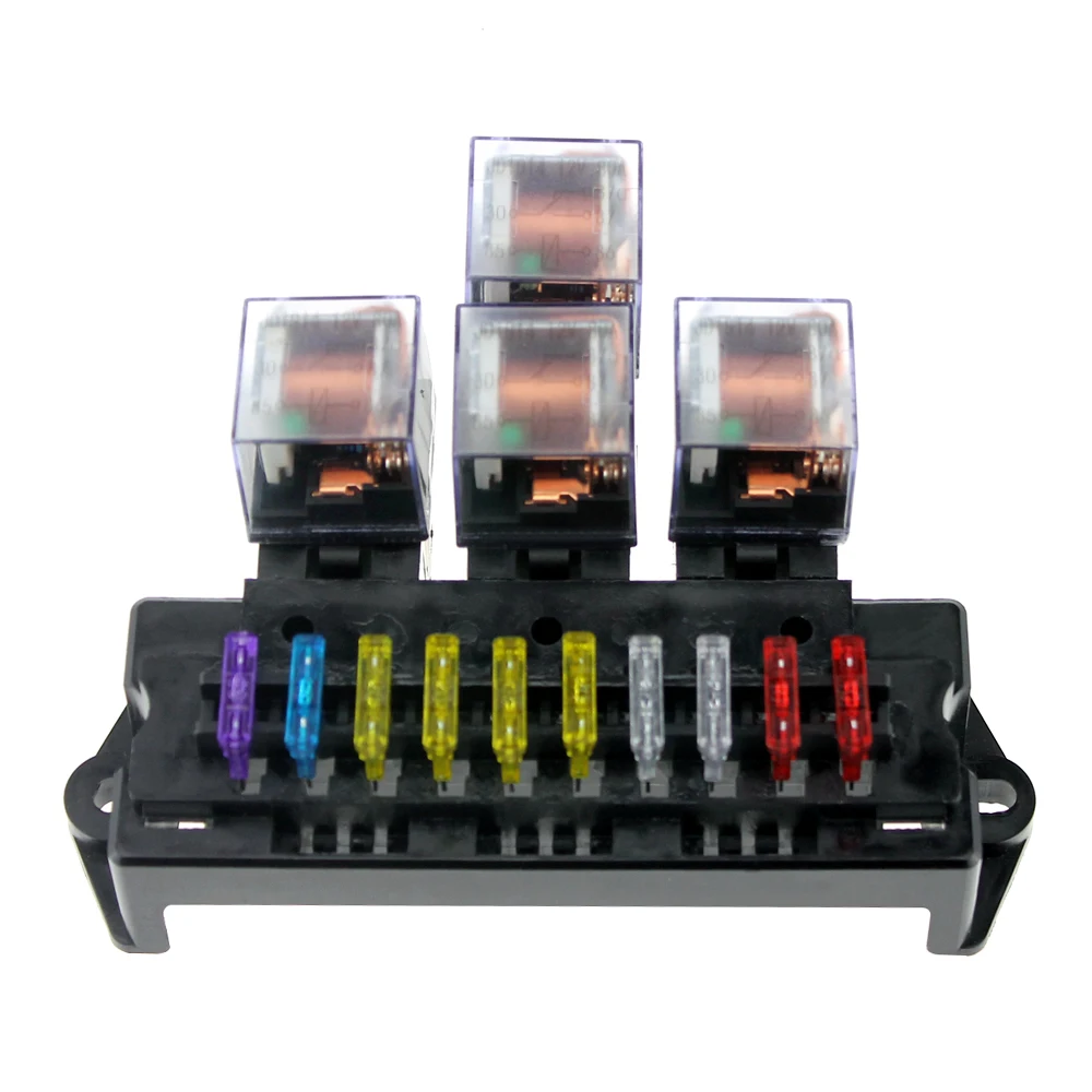 10 Way Fuse Box 5 Pin Socket Base Relay Fuse Holder Block with 13Pcs Standard Blade Fuses