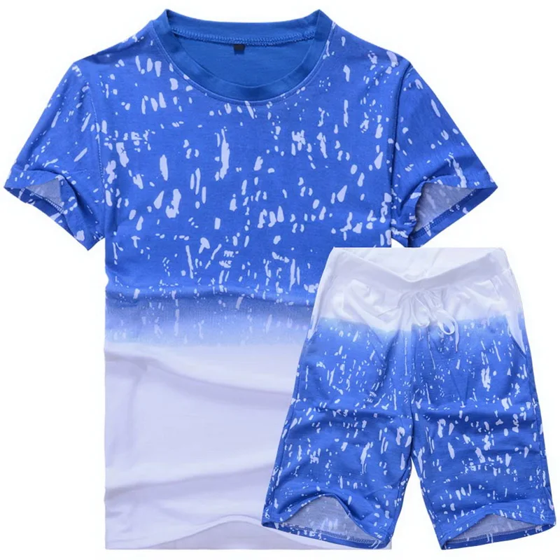 

MJARTORIA Men Fashion Summer Gradient Color Sports Set 2 Pieces Teenagers Casual Loose Slim O-neck Short Sleeve T-shirt+Shorts