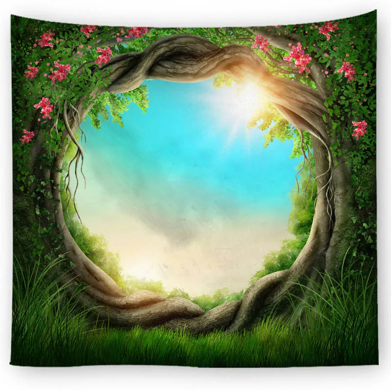 Large Size Wall Tapestry Fantasy Forest Fairy Tale World Wall Hanging Art Carpet Blanket Yoga Mat Decoration Green Tapestry