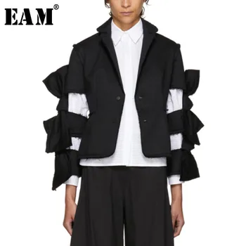 

[EAM] High Quality 2020 Spring Black Solid Loose Long Sleeve Coat Bow Hollow Out Wild Short Tops Fashion New Women's LA745