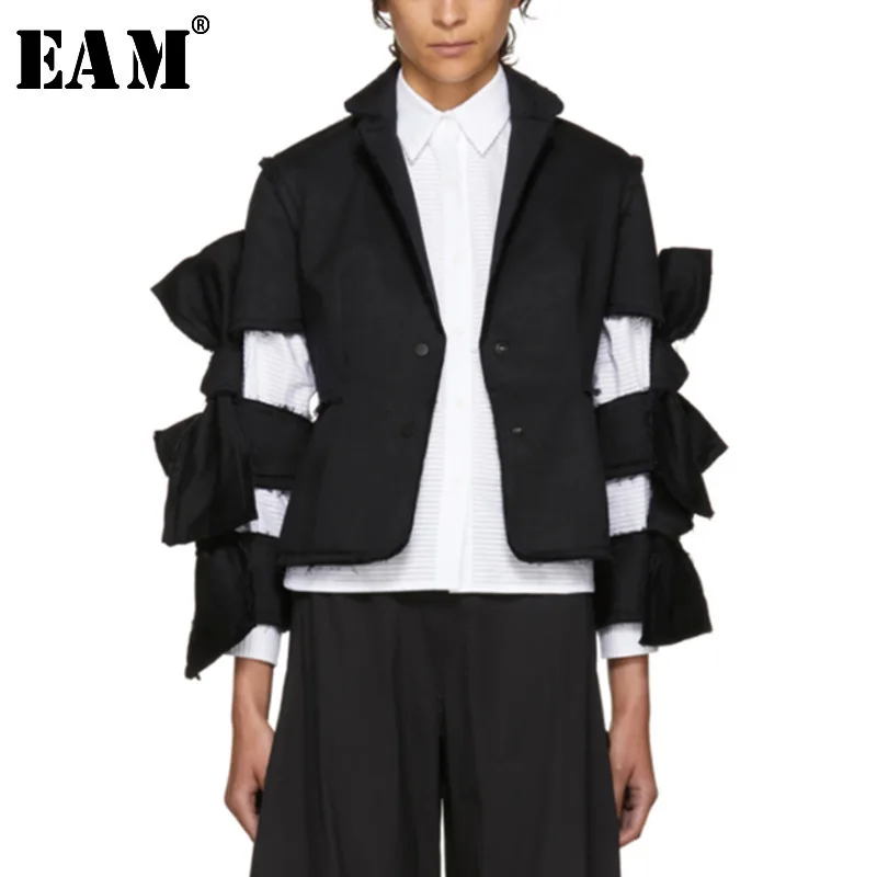 

[EAM] High Quality 2019 Spring Black Solid Loose Long Sleeve Coat Bow Hollow Out Wild Short Tops Fashion New Women's LA745