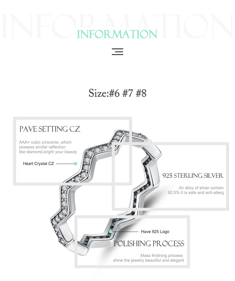 FOREWE Pure стерлингового серебра 925 мерцающий зигзаг Кристалл CZ Кольцо для женщин Мода волна форма палец кольцо ювелирное подарок