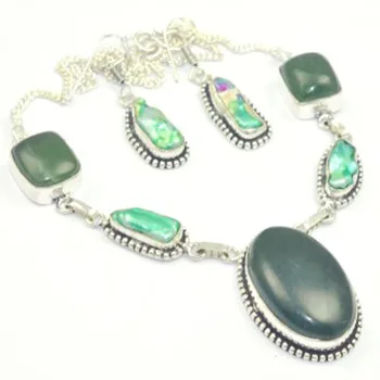 

Biwa Pearls & Prehnites Necklace + Ering Silver Overlay over Copper , 48.3cm, N3694