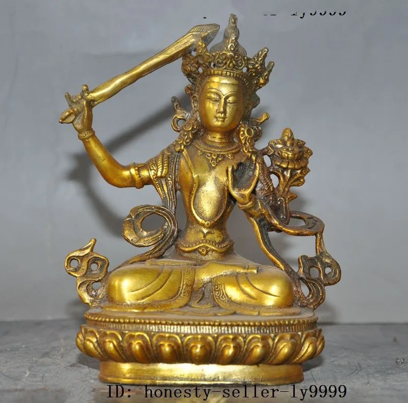 12/"Tibet buddhism bronze gilt Manjushri Wenshu Buddha Hold Sword Kwan-Yin statue