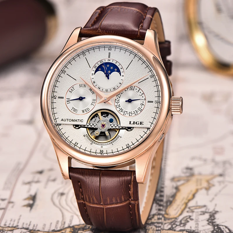 LIGE Brand Men's Watches Six-pin Moon phases Automatic Watch Men Dive 50M Fashion Casual Leather Wristwatches relogio masculino