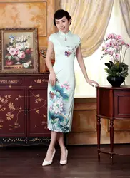 Шанхай история Топ-класс Длинные Cheongsam lotus Cheongsam Qipao платье Китайская традиционная одежда белый восточные платья C0012