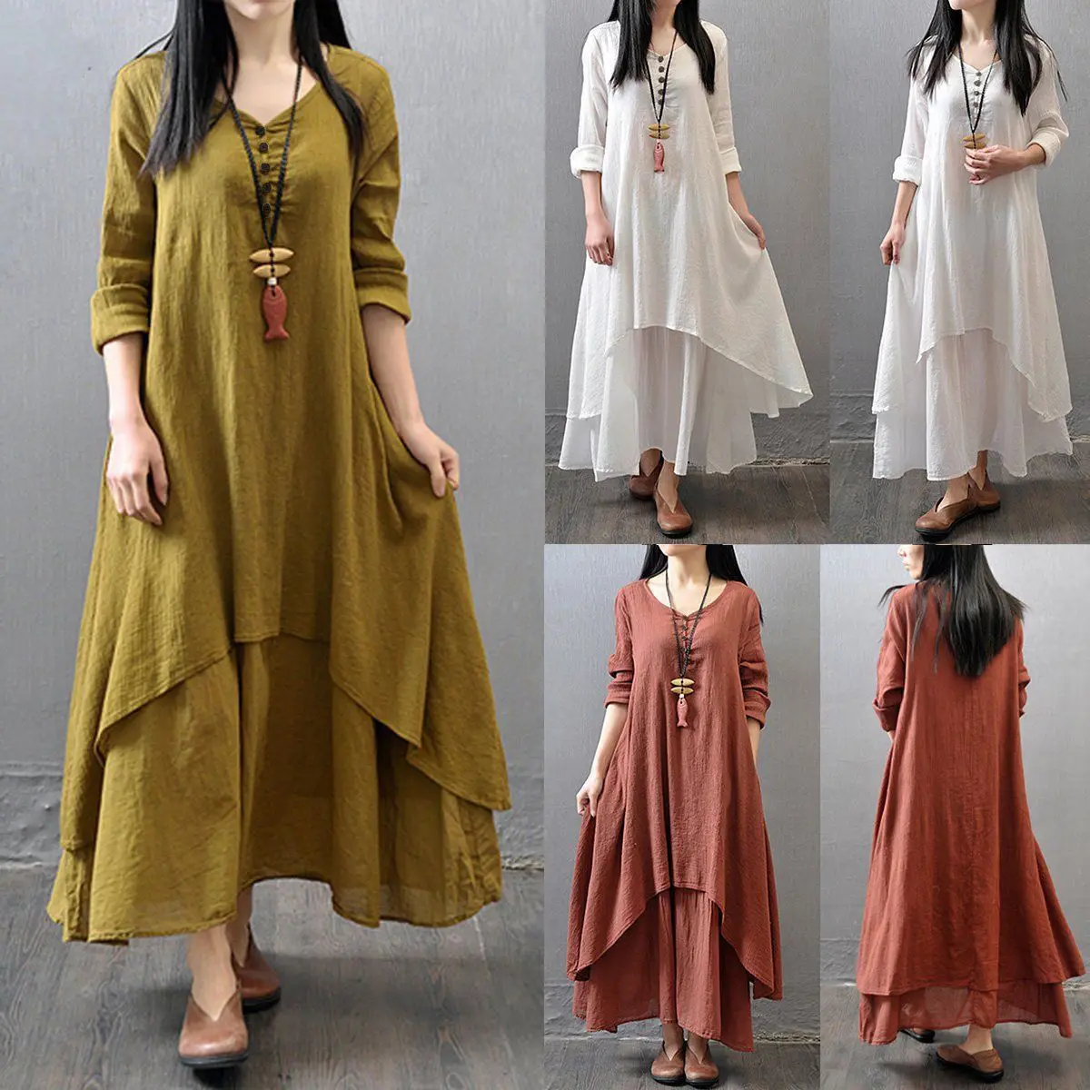 Solid Loose Women Peasant Ethnic Boho Cotton Linen Long Sleeve Maxi