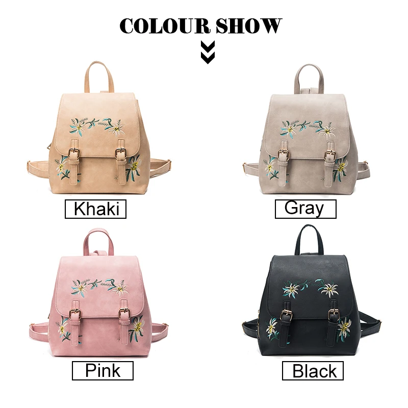 Nueva moda de cuero mochilas para mujeres mujer bolsas para la Escuela de las niñas Mochila Floral bordado flores Mochila