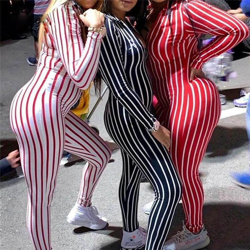 

New Fashion Sexy Women Long Sleeve Bandage Jumpsuit Striped Printed Ladies High Waist Female Club Wear Evening Club Trousers