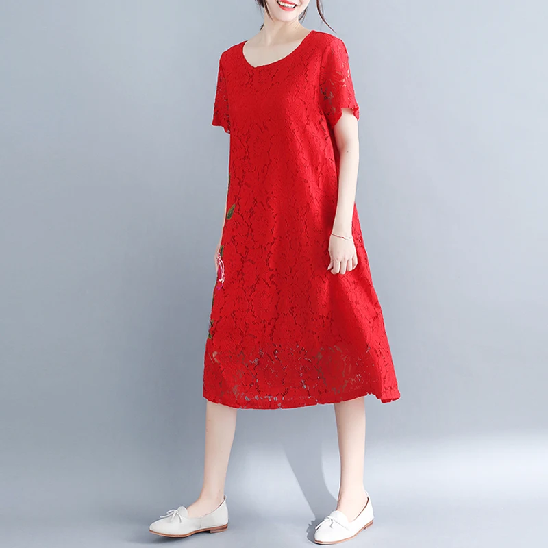 Bonnie thea 2018 Women Plus Size Casual Loose lace Embroidery Dress black big size Summer dress Large size long Dress Vestidos Dresses