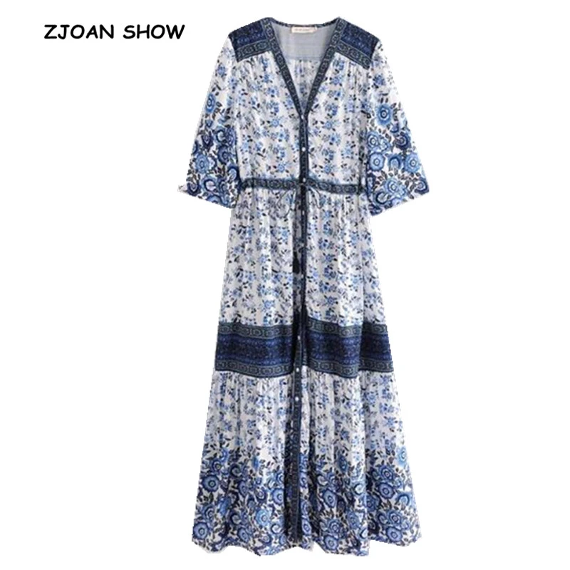 blue white print dress