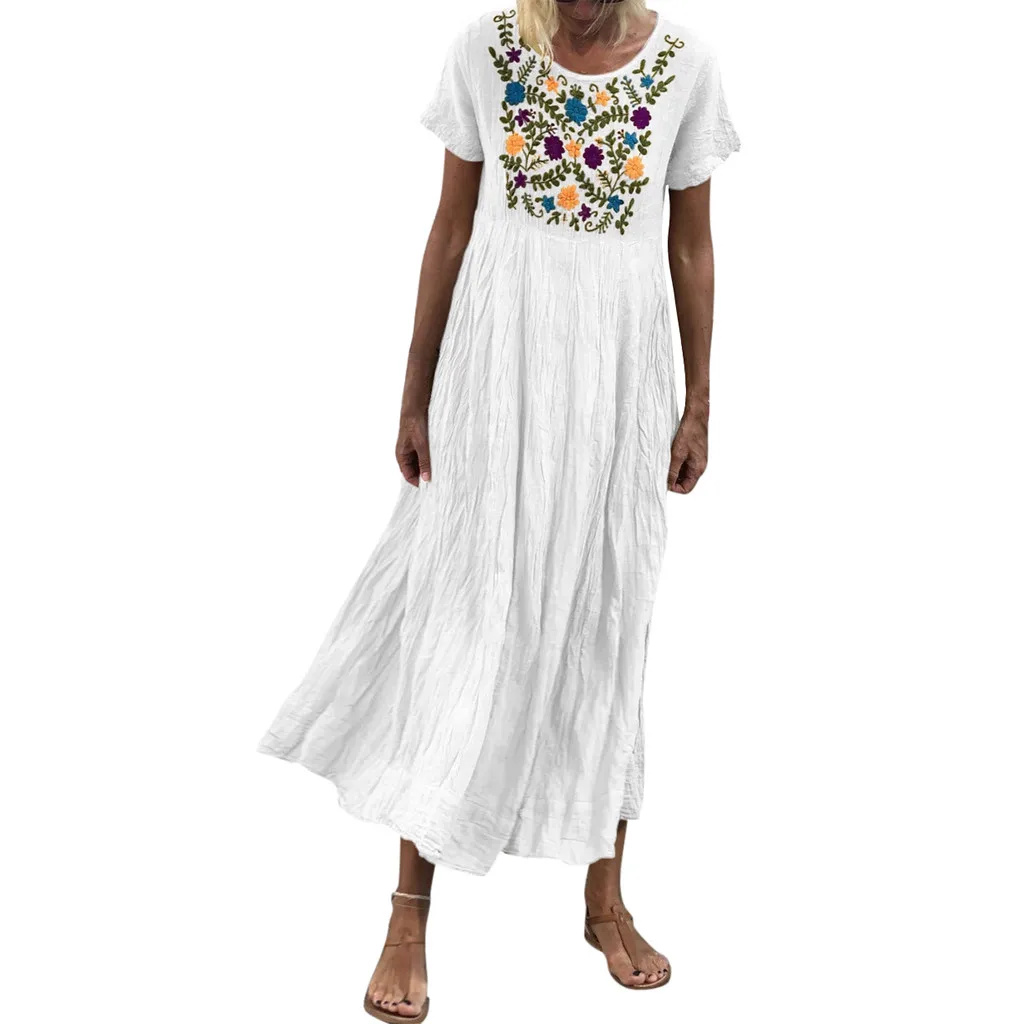 Женская летняя обувь, платье с О-образным вырезом, платье с принтом праздничное платье футболка хлопок, свободный покрой, большие размеры платье M-5XL свободное однотонное платье W0625#20 - Color: WH 1