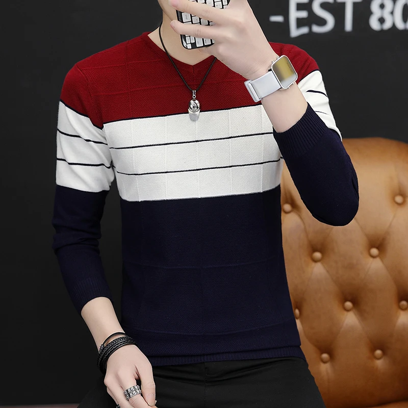 Осень 2019 Новый мужской свитер с v-образным вырезом Молодежный полосатый свитер тренд культивирования морали