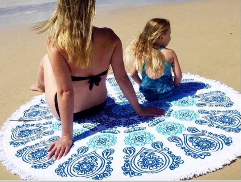

free shipping Cotton 150CM Round Beach Towel with tassels