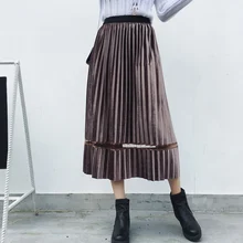 Женская бархатная сетчатая Лоскутная юбка, плиссированная длинная трапециевидная юбка с высокой талией, однотонная женская юбка, Осень-зима, базовая Повседневная Женская юбка