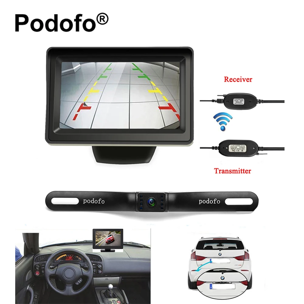 

Podofo Backup Camera and Monitor Kit Wireless Waterproof License Plate Car Rear View Camera with 4.3" TFT LCD Parking System