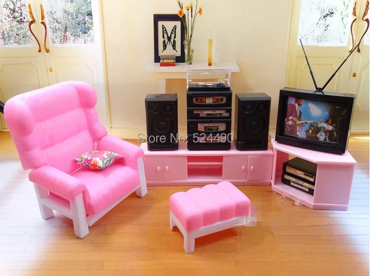 TV Sound Stand Chair Set / Dollhouse Pink Television Set Living Room