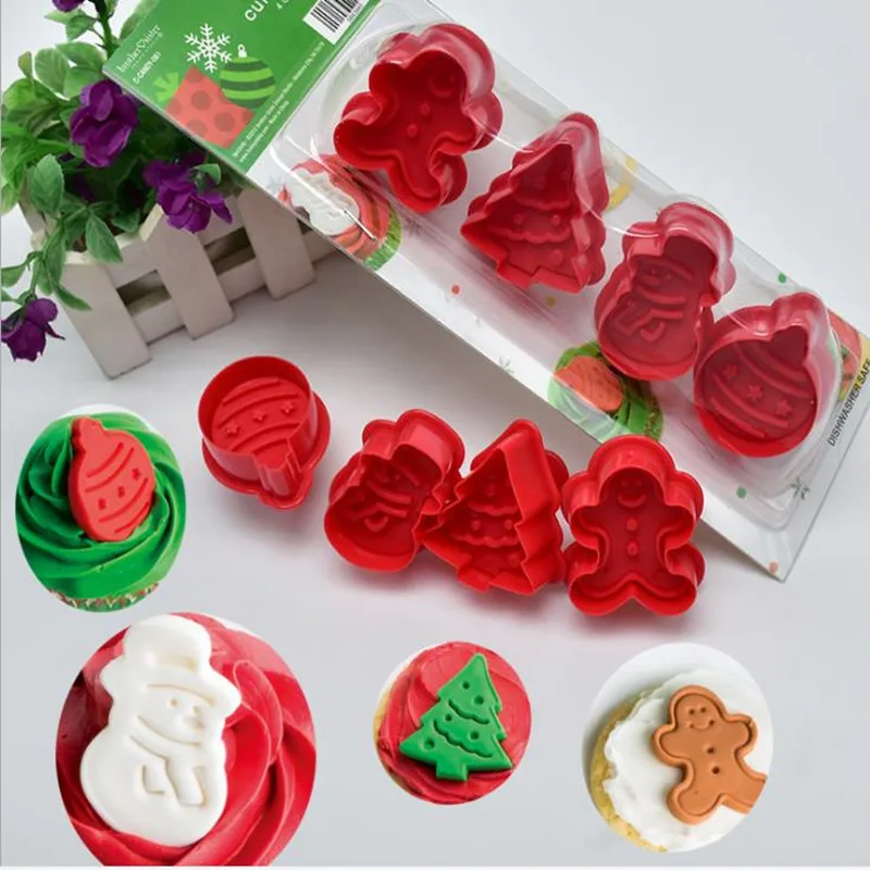 

New 4pcs Cookie Stamp Biscuit Mold 3D DIY Snowman Cookie Plunger Cutter Baking Mould Gingerbread House Christmas Cookie Cutters