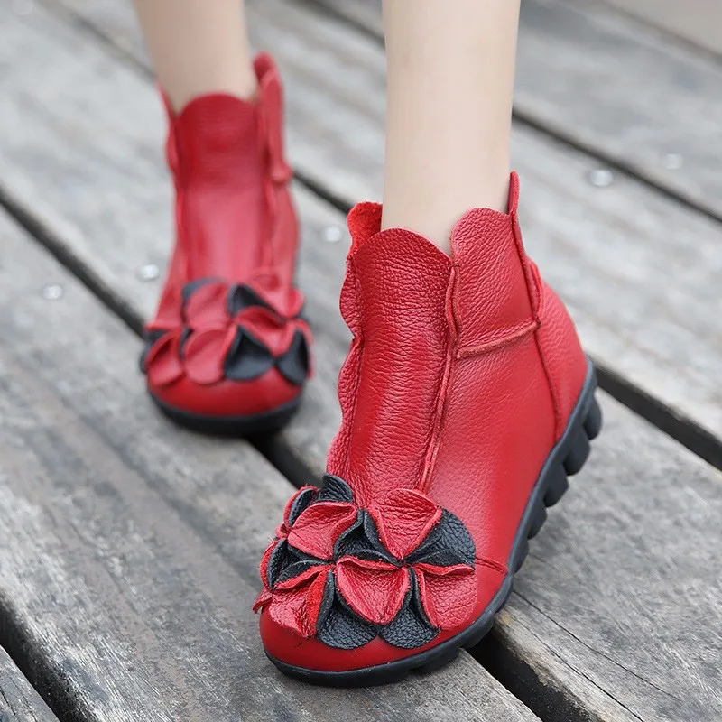 Женские ботинки из натуральной кожи с цветами на плоской подошве|women genuine leather