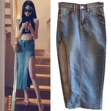 Весна лето дизайнер Женская мода Повседневная Длинная джинсовая юбка Сплит джинсовая юбка-карандаш для женщин - Цвет: Синий