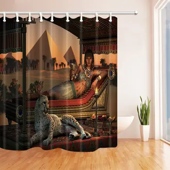 

Leopard Decor Ancient Egyptian Lady and a Tame Cheetah Polyester Fabric Waterproof Shower Curtains Shower Curtain Hooks Included