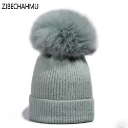 ZJBECHAHMU модные новые мех норки помпоны 15 см шапки для женщин Детская Повседневная зимняя шапка шерсть теплые шапочки