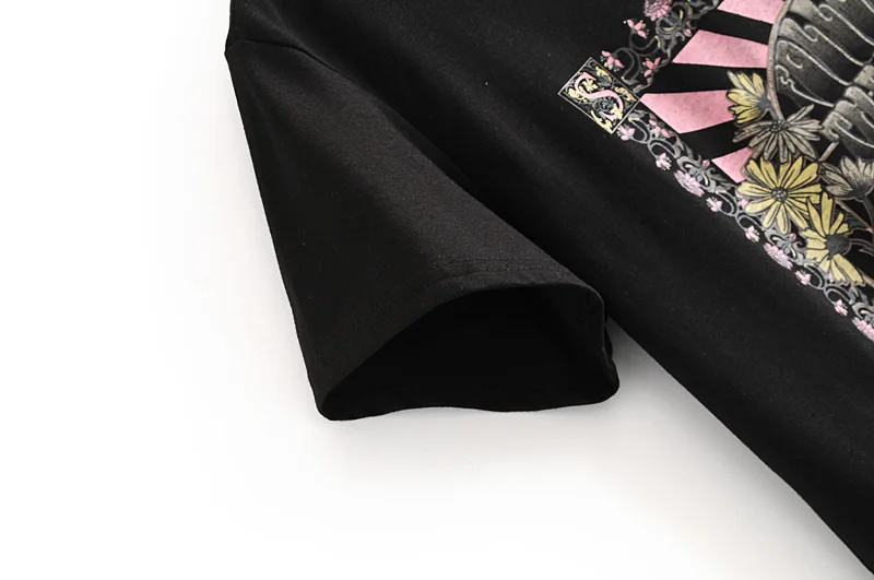 Boho Vintage chic happie Women Cotton Top O-Neck cartoon rose print T-shirts ladies short sleeve Tee shirts oversize