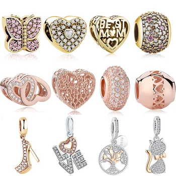 

European 925 Sterling Silver Charm Rose Gold Butterfly Love Heart Tree Cat Bead Fit Pandora Charm Bracelets DIY Original Jewelry
