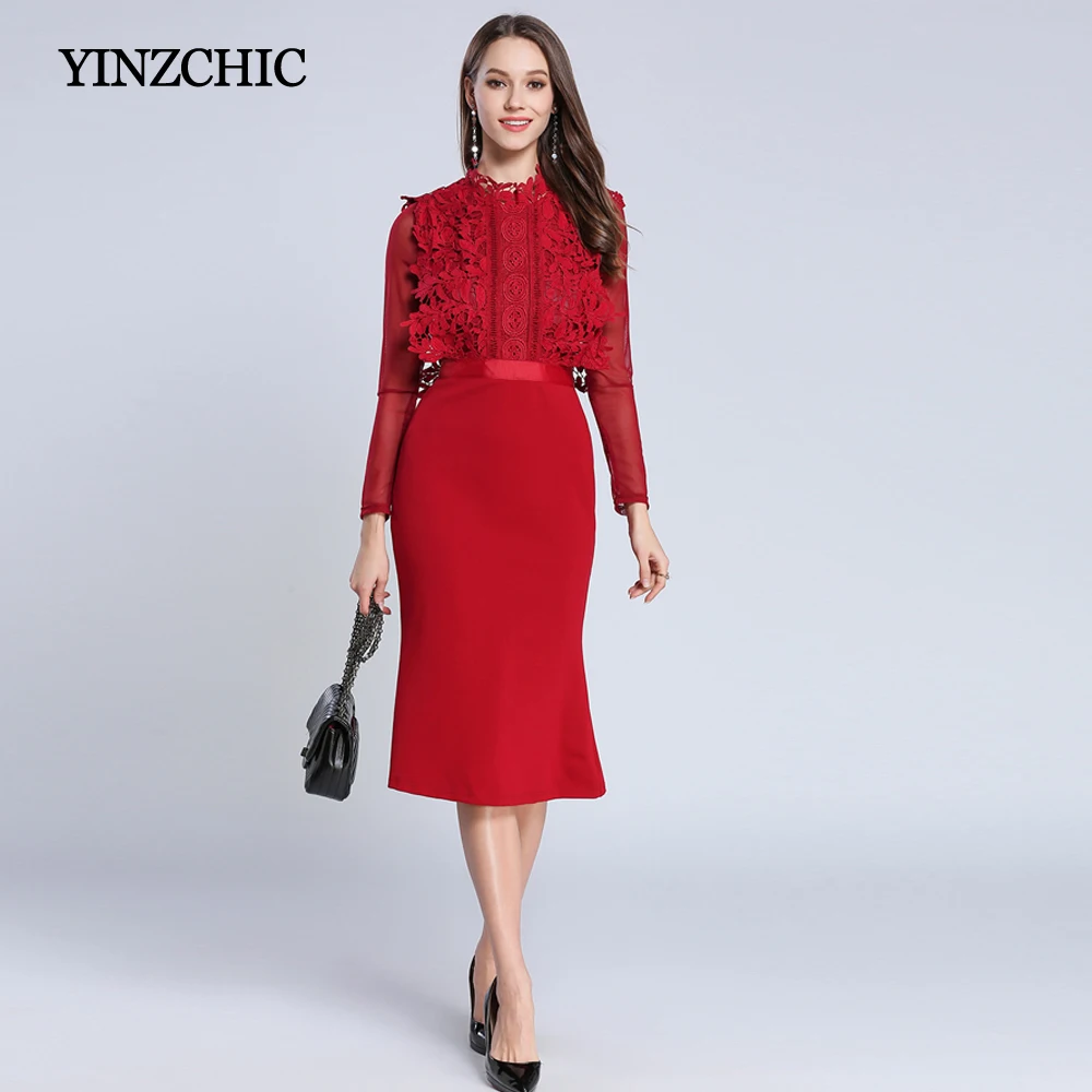 

Fashion Woman Winter Mid Dress Lace Patched Office Lady Mid Mermaid Dress Burgundy Trumpet Dress For Womans Party Street Dress