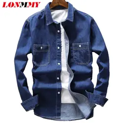 LONMMY хлопок 100% джинсы мужские Рубашки повседневные chemise homme Блузка мужская одежда джинсовая мужская рубашка с длинным рукавом Повседневная