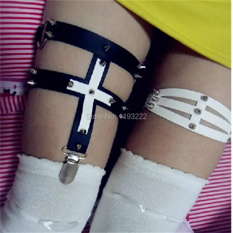 Punk Goth Harajuku Handmade Studded Rivet Cross Flower Heart Garter Leg
