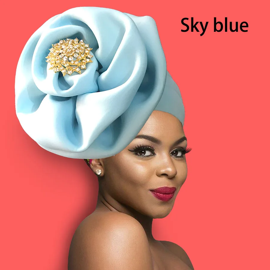 Women turban cap fashion flower decorate traditional African headtie solid headwrap cap (11)
