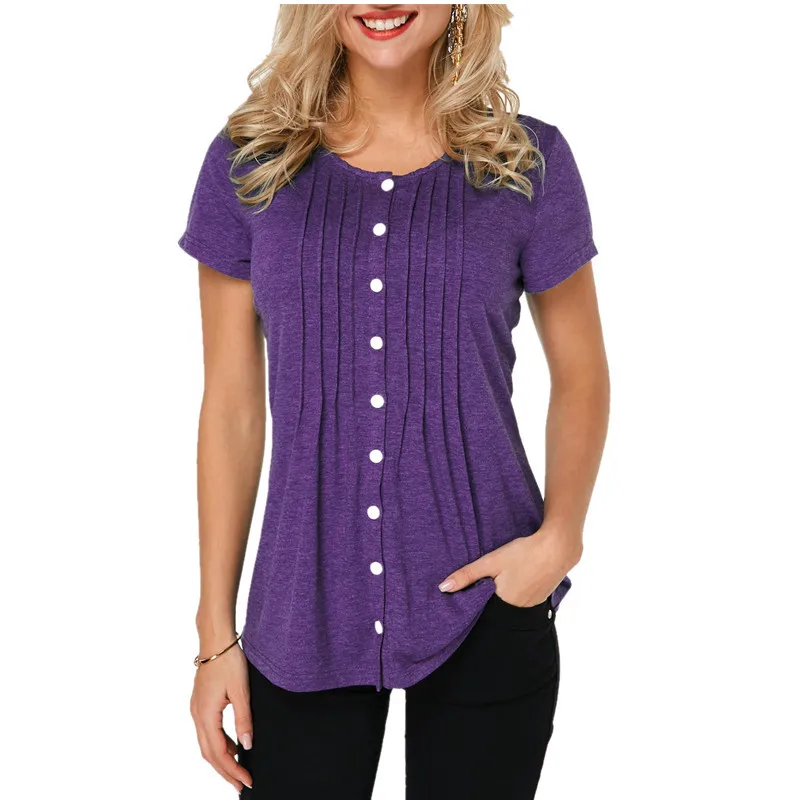 

Women's Popular Top 2019 O-Neck Short Sleeve Solid Color with Button Pleated T-shirt Black Green Purple Blue Coffee 5XL Shirts