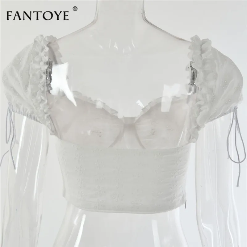 Fantoye кружевная открытая Сексуальная короткая блузка женская летняя блуза с пышными рукавами и v-образным вырезом Топ уличная элегантная белая женская рубашка Blusa