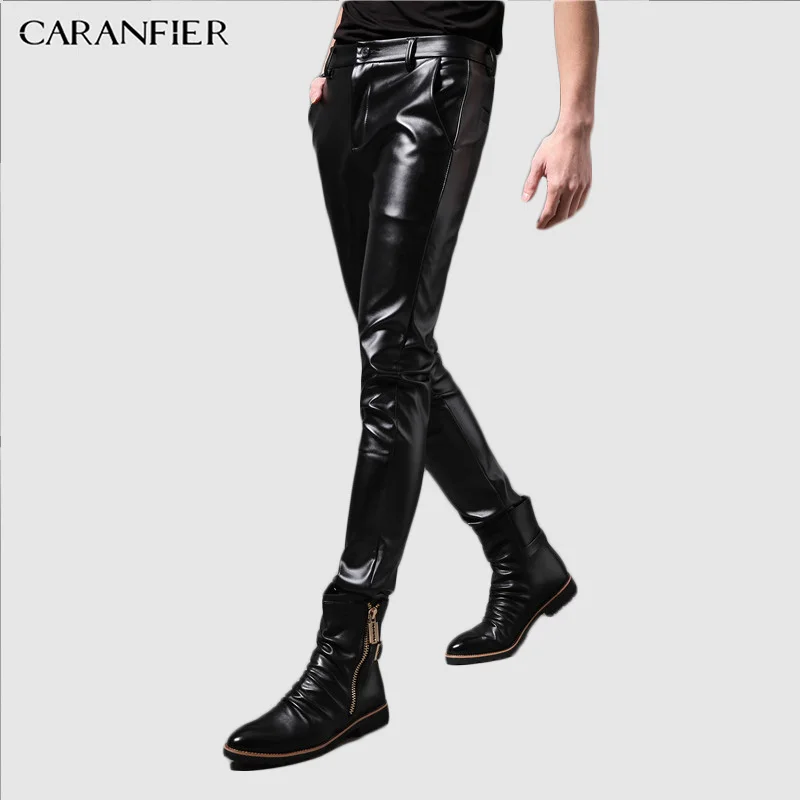 

CARANFIER Trendy Wild Pants Brand Fashion Slim Men Leather Pants Stitching Nightclub PU Leather Casual Pants Plus Men Trousers