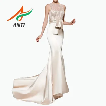 

ANTI New 2019 Champagne Mermaid Long Evening Dress With Sleeveless O-Neck Formal Party Gown Beading Sequined Sash robe de soiree