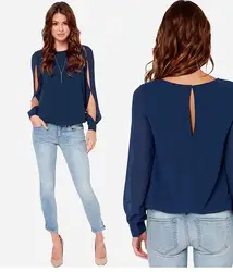 2018 новые женские блузки лето o-образным вырезом с длинным рукавом свободные рубашки Sexy Back отверстие Шифоновая Блузка Топы 4 цвета плюс