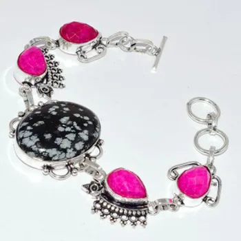 

Rubys & Sanowflake Obisidiean Bracelet Silver Overlay over Copper, 20cm , B3138