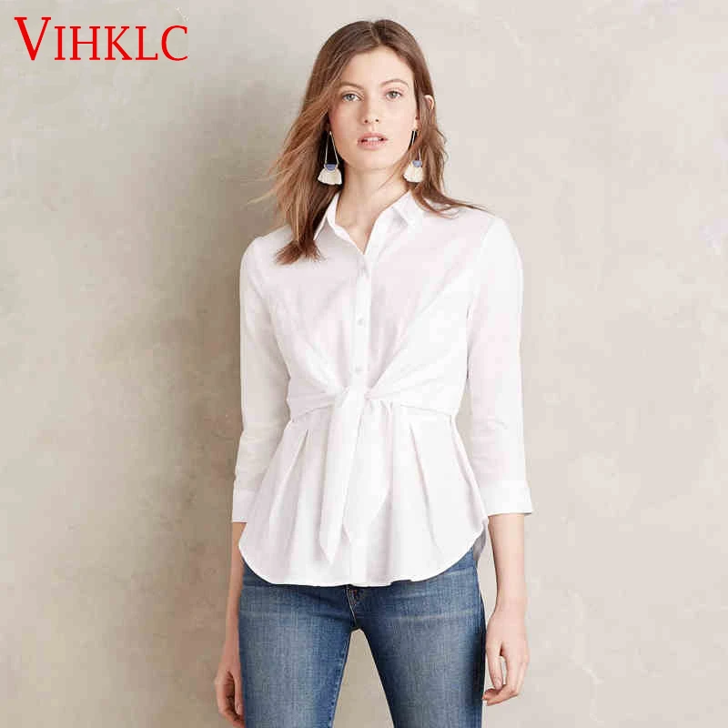 2017 primavera mujer Camisa de algodón blusa señoras blanco elegante Delgado cuello tres cuartos de manga Camisas Mujer Oficina talla grande|women cotton shirts|female office shirtsoffice shirt - AliExpress