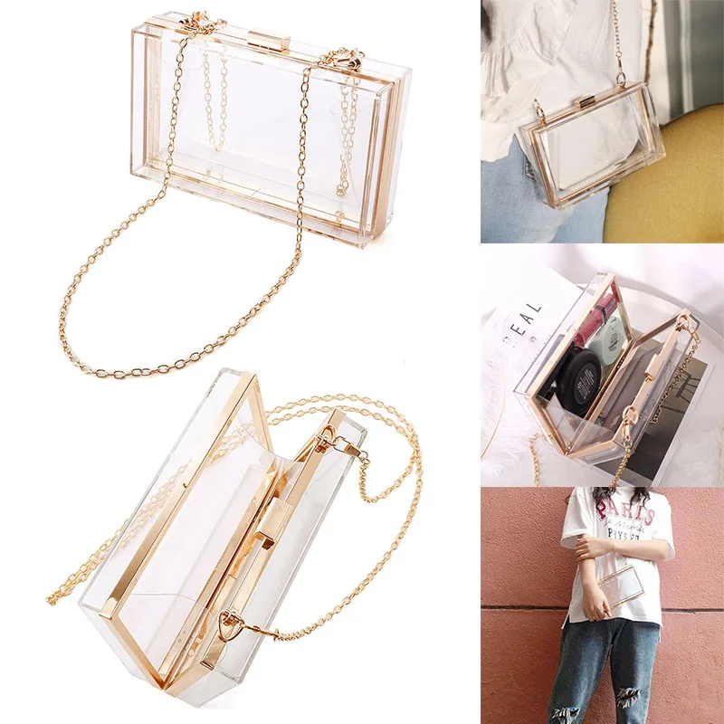 

Women Cute Clear Acrylic Box Bag Crossbody Purse Evening Bag with Golden Chain Strap BB55
